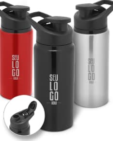 Bottle de alumínio 660ml com tampa flip, utilizado para armazenar líquidos. O objeto é de metal, de cor prata e possui um design clean e moderno.