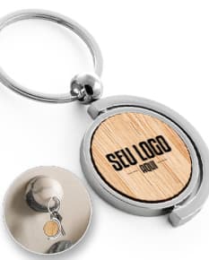 Chaveiro redondo de bambu com detalhes em metal, acessório de segurança e decoração com design simbólico e brilhante.