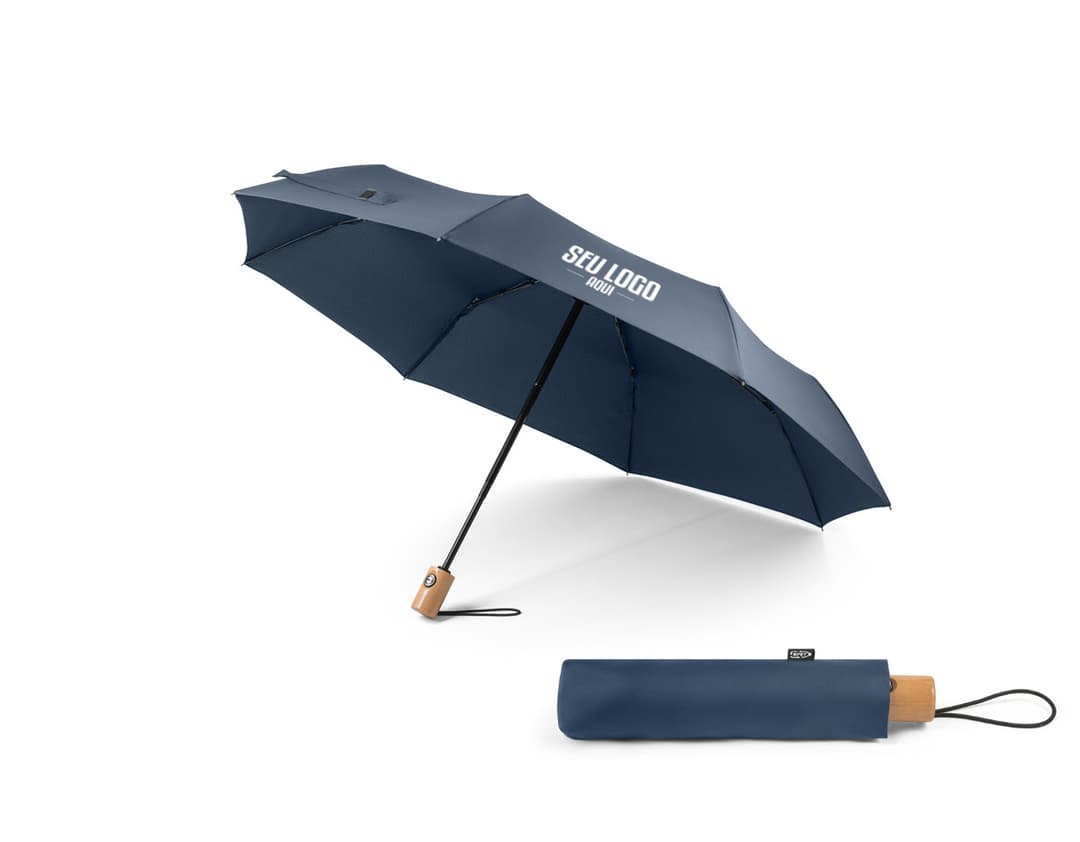 Guarda-chuva rPET pongee com pega, apresentado em uma caixa de presente colorida com laço. O guarda-chuva é brilhante e possui uma decoração festiva.