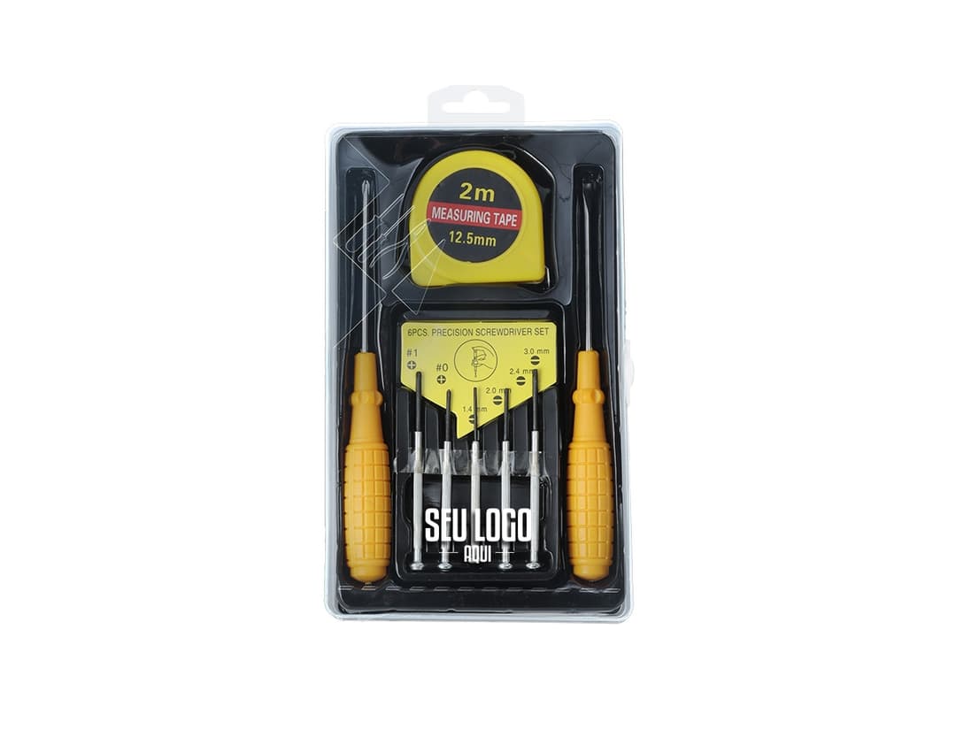 Kit de ferramentas de 8 peças em metal e plástico, incluindo chave de fenda, fita métrica, alicate e outros equipamentos de cor amarela e preta. Uso ideal para trabalhos domésticos, reparos e construções.