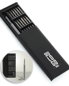 Kit ferramenta 25 peças com estojo preto, contendo equipamentos de tecnologia, como notebook, servidor e computador desktop. O estojo possui design moderno e é feito de plástico resistente. Ideal para armazenar e organizar informações e documentos de forma segura.