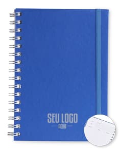 Caderno Planner preto com páginas em branco e marcador de páginas colorido.