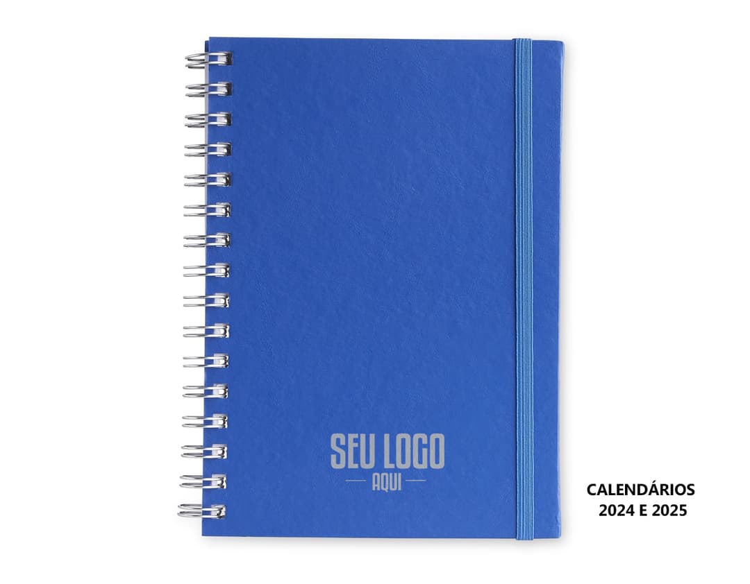 Caderno Planner preto com páginas em branco e marcador de páginas colorido.
