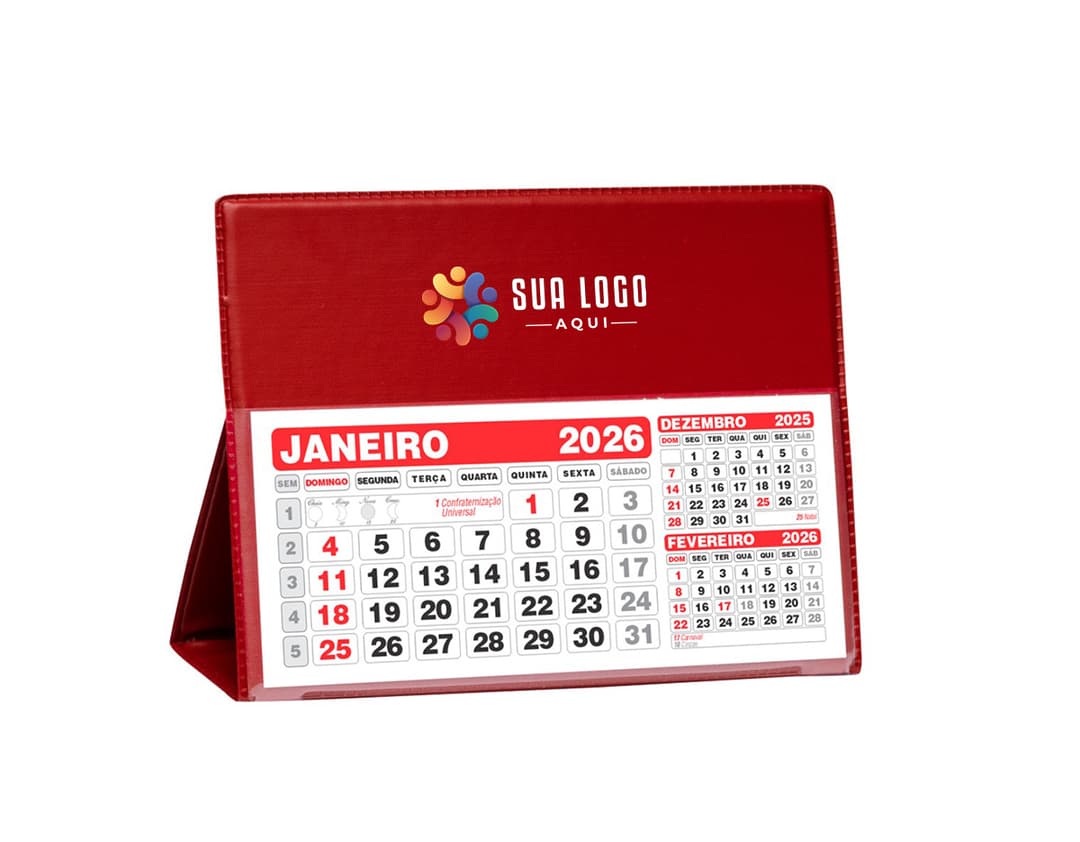 Calendário de mesa grande com design colorido e marcadores para datas destacadas.