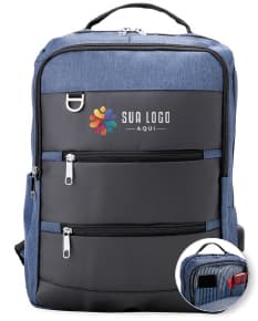 Mochila de nylon preta com alças de couro, com capacidade de 26 litros e porta USB integrado. Ideal para viagens de negócios e equipada com compartimentos de armazenamento tecnológicos. Design moderno e retro, com fechos de metal e alça de transporte.