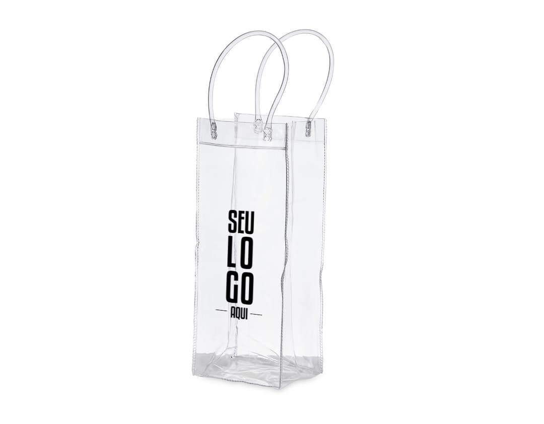 Sacola plástica transparente com alça para gelo.