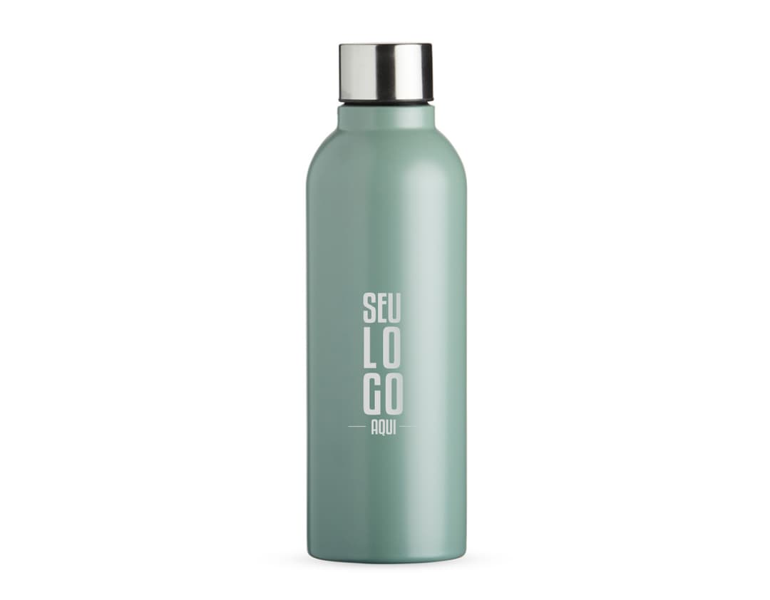 Garrafa inox de 800ml com tampa fosca, contendo líquido transparente. A embalagem é clean e possui um design elegante.