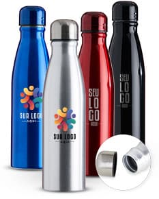 Garrafa de alumínio com capacidade de 630ml.