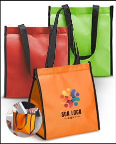 Bolsa Térmica 6 Litros em papelão grunge e couro rosa, vazia e com alça. Ideal para transporte de alimentos e bebidas em lojas de comida e bebida.