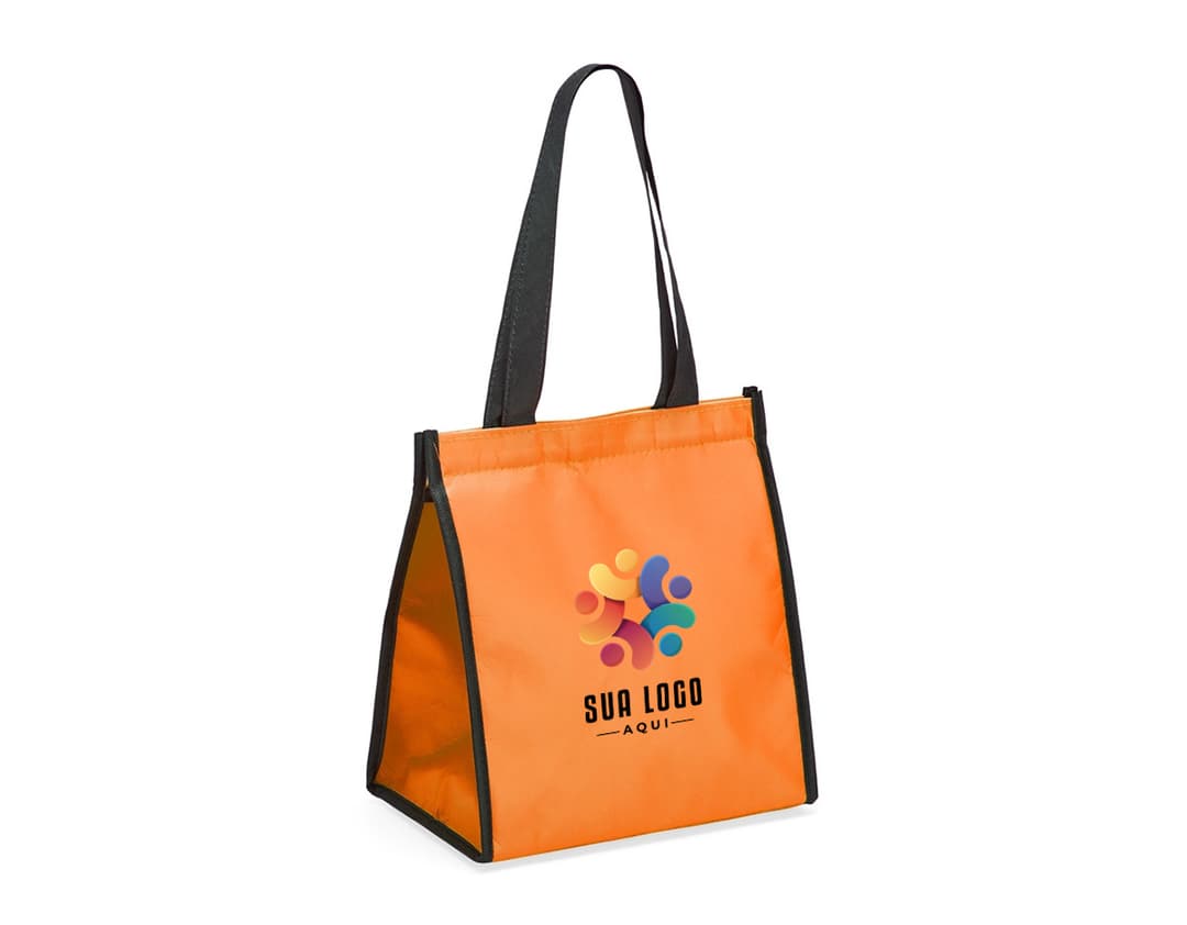 Bolsa Térmica 6 Litros em papelão grunge e couro rosa, vazia e com alça. Ideal para transporte de alimentos e bebidas em lojas de comida e bebida.