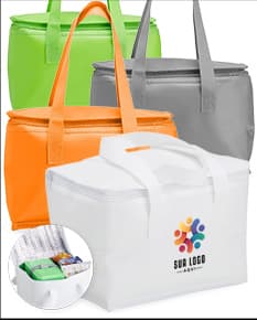 Imagem de uma bolsa térmica de 6 litros em TNT, um produto eletrônico, equipamento de escritório e de transportar, com design moderno em três dimensões.