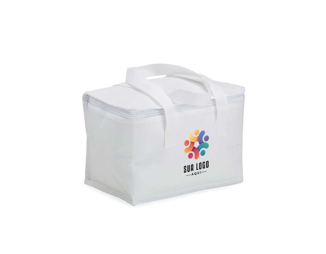 Imagem de uma bolsa térmica de 6 litros em TNT, um produto eletrônico, equipamento de escritório e de transportar, com design moderno em três dimensões.