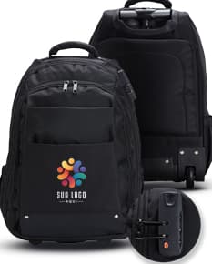 Mochila 27 Litros com Rodinhas preta de couro, equipamento moderno e elegante, com alças, zíper, fivela e rodinhas para fácil transporte. Ideal para viagens, negócios e uso pessoal.