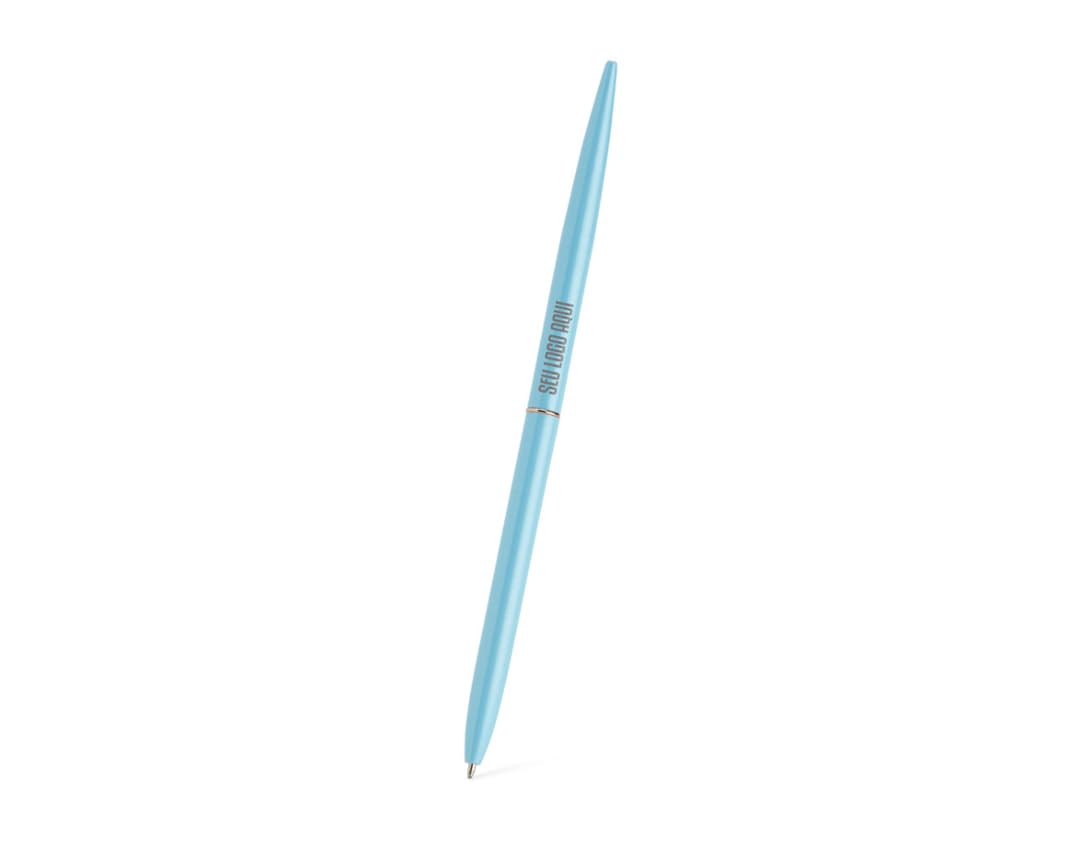 Caneta metálica azul com rotação, design moderno e elegante. A cor vibrante e brilhante traz um toque de criatividade. Ideal para uso em apresentações, escrita e desenhos.