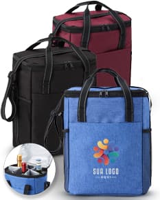 Bolsa térmica preta de couro com alça, ideal para viagens de negócios. Capacidade de 16L, fechamento em metal, moderna e elegante, perfeita para armazenar alimentos e bebidas.