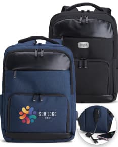 Mochila de poliéster preta de 29 litros, com fecho de zíper, alça de couro, bolso de metal, design moderno e elegante.