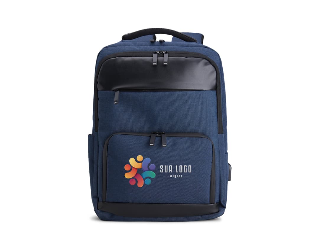 Mochila de poliéster preta de 29 litros, com fecho de zíper, alça de couro, bolso de metal, design moderno e elegante.