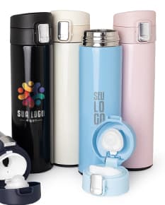 Garrafa térmica inox de 450ml com trava, em metal prateado e design moderno.