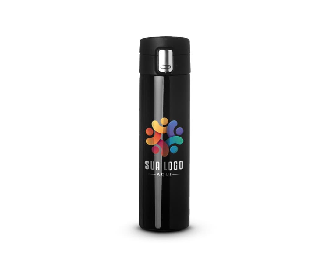 Garrafa térmica inox de 450ml com trava, em metal prateado e design moderno.