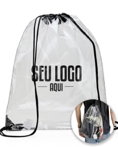 Mochila Saco em PVC preta com design de corações cor de rosa, estilo vintage. Ideal para compras, presente ou decoração. Traz um símbolo de amor e elegância.