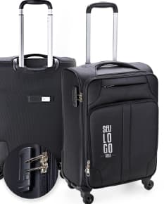 Mala de viagem de 48 litros em couro preto, moderna e elegante, ideal para viagens a negócios. Inclui alça de mão, compartimento para laptop, fecho com suporte de metal e diversas opções de armazenamento.