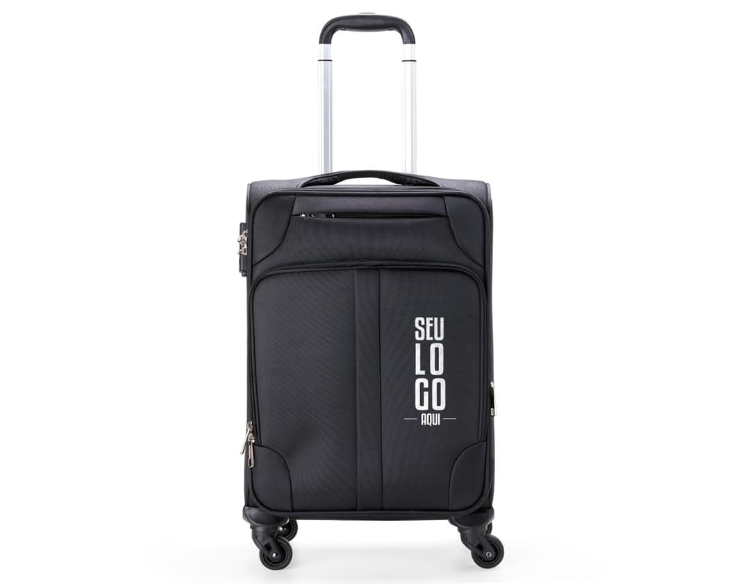 Mala de viagem de 48 litros em couro preto, moderna e elegante, ideal para viagens a negócios. Inclui alça de mão, compartimento para laptop, fecho com suporte de metal e diversas opções de armazenamento.