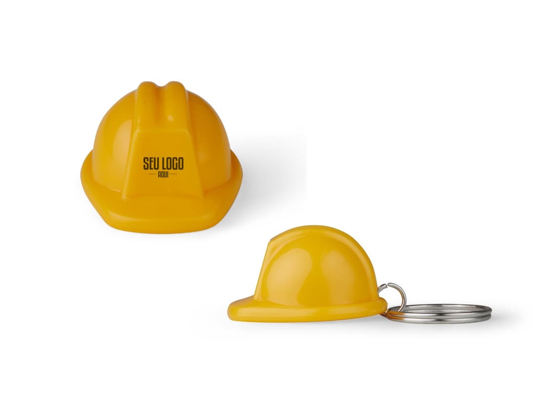 Chaveiro Capacete EPI em formatos de glass, button, icon e element, com design colorido e glossy. Item redondo e brilhante, amarelo e laranja, representando saúde e segurança no trabalho.
