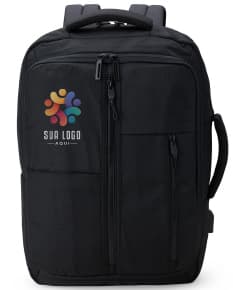 Mochila nylon preta com detalhes de couro marrom, possui alça, zíper, bolso e fecho de metal. Ideal para viagens, negócios ou passeios. Estilo moderno e elegante, com capacidade de 23 litros.