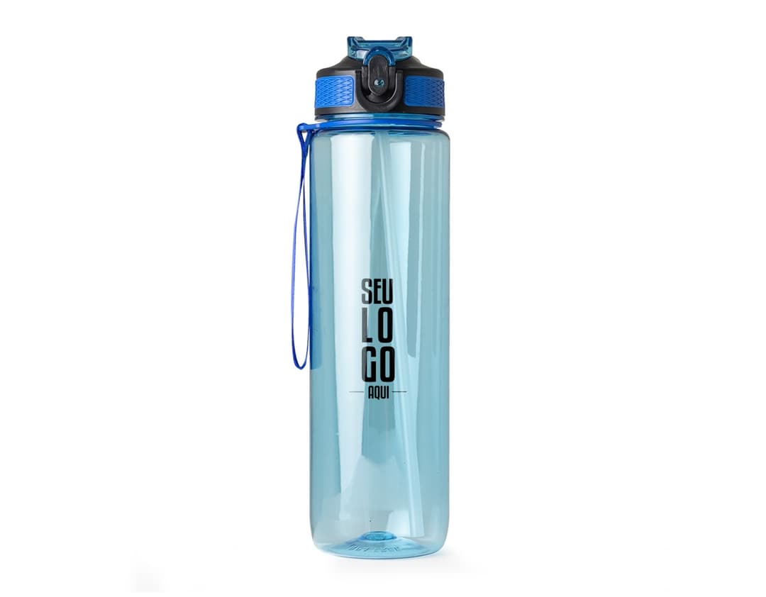 squeeze plástico de 1 litro contendo líquido transparente. O recipiente é de plástico colorido em amarelo e contém um objeto para abrir a tampa. A embalagem está limpa e é perfeita para armazenar bebidas saudáveis e frescas.