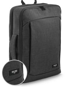 Mochila híbrida 2 em 1 c/ 2 compartimentos, preta, feita de couro, moderna e elegante, com alça de transporte, ideal para viagens de negócios ou uso pessoal.