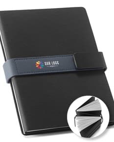 Caderno a5 preto de couro moderno para escrita e organização de negócios. Perfeito para guardar informações importantes e documentos. Um item essencial para o seu escritório. Compre agora!