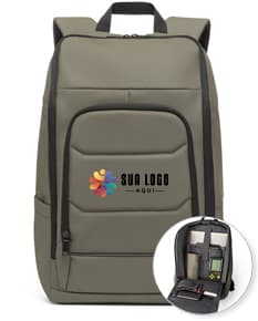 Mochila para notebook em tecido 600D preto, com alças ajustáveis, compartimento acolchoado para notebook e bolsos frontais.