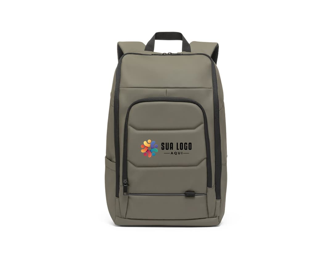 Mochila para notebook em tecido 600D preto, com alças ajustáveis, compartimento acolchoado para notebook e bolsos frontais.