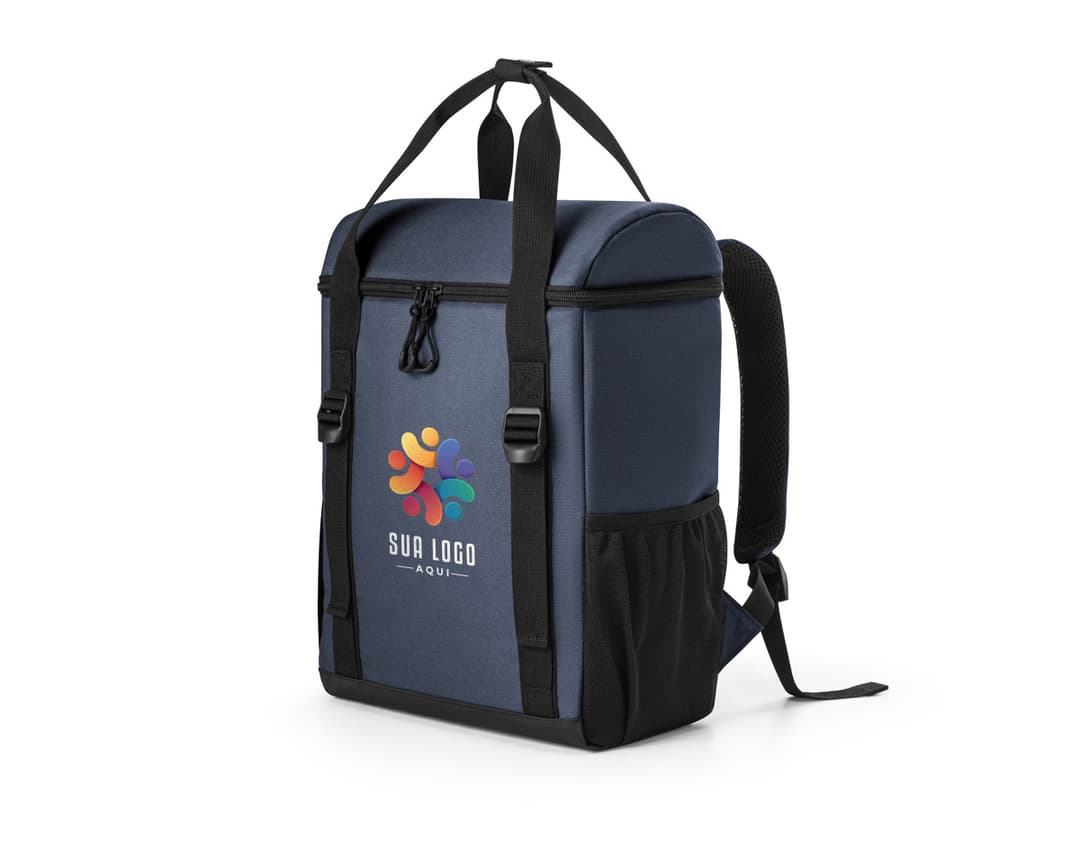 Mochila térmica almofadada em couro preto 3D, moderna, com suporte para dispositivo e equipamentos de negócios. Ideal para armazenamento de objetos, como vestimenta à prova de balas, em ambiente de escritório. Estilo vintage e elegante, confortável e prática para viagens ou uso diário.