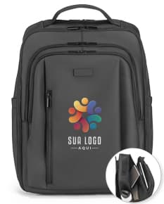Mochila trolley de couro preto com alça de metal e zíper. Ideal para viagens de negócios e armazenamento de equipamentos tecnológicos e dinheiro. Estilo moderno e elegante.