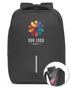 Mochila com sistema antirroubo em preto, com design moderno. Equipada com dispositivo de conexão, rodas, alça de metal e compartimento para laptop. Ideal para viagens de negócios e armazenamento seguro de equipamentos eletrônicos.