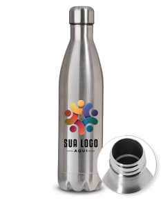 Garrafa térmica inox de 750ml, em um fundo brilhante e vibrante, com reflexo e brilho.