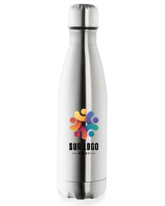 Garrafa térmica de 500ml em inox, com design elegante e clean. Toda em metal, com tampa e forma cilíndrica. Ideal para manter bebidas quentes ou frias por horas.