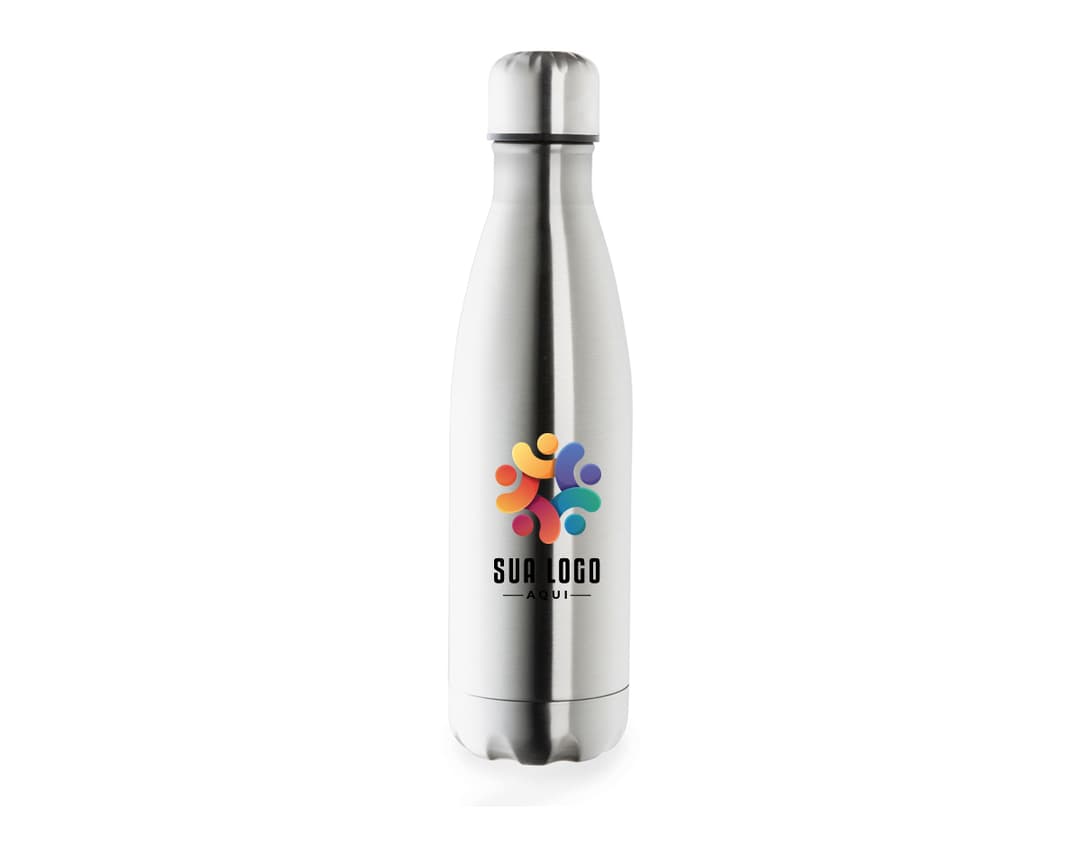 Garrafa térmica de 500ml em inox, com design elegante e clean. Toda em metal, com tampa e forma cilíndrica. Ideal para manter bebidas quentes ou frias por horas.
