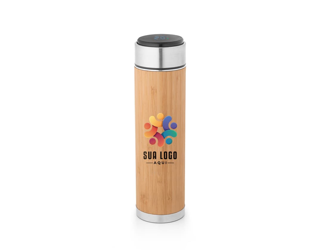 Garrafa térmica em aço inox com infusor, produto contendo líquido transparente.