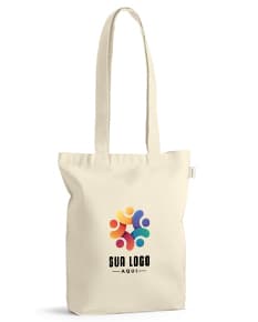 Sacola em algodão reciclado marrom, com alça e design moderno. Ideal para compras, presentes e acessórios de moda. Embalagem vazia e elegante, com zíper e etiqueta de preço. Elegância e estilo em um único produto.