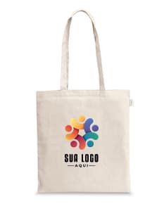 Sacola confeccionada de burlap marrom com alça de couro e fecho de zíper, vazia. Inclui etiqueta de preço e design elegante.
