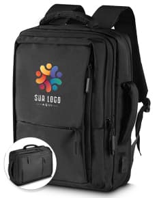 Mochila pasta para notebook preta de couro, com alças e zíperes, ideal para viagens de negócios e para profissionais executivos.