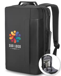 Mochila/Pasta para Notebook Premium em metal preto e prata, design moderno, com alça de couro e fecho. Perfeito para armazenar equipamentos e dispositivos tecnológicos.