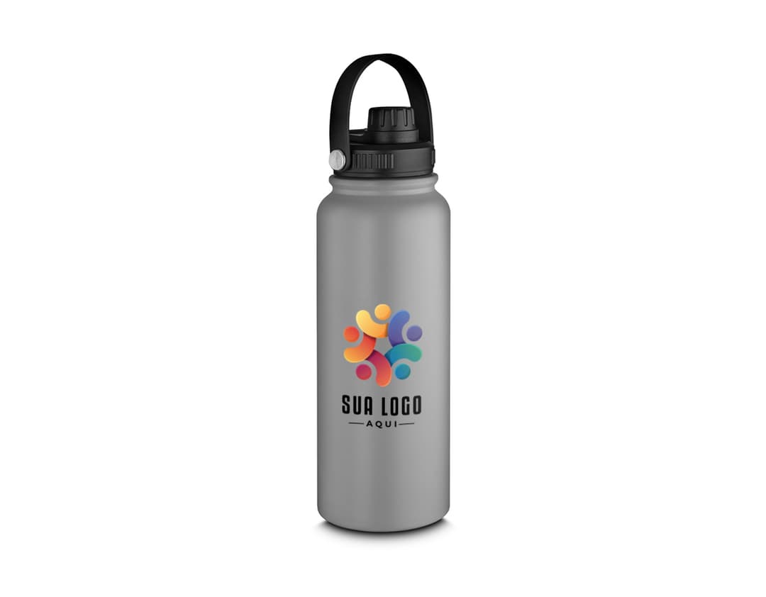 Garrafa térmica de 1,1L em metal prateado, com tampa, ideal para armazenar líquidos como água, sucos ou chás. Transparente, resistente e de alta capacidade, proporcionando frescor e praticidade para manter a hidratação ao longo do dia.