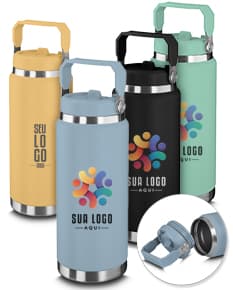 Garrafa térmica de 900ml em metal prateado com detalhes em plástico preto, possui válvula e tampa, ideal para armazenar líquidos quentes ou frios.