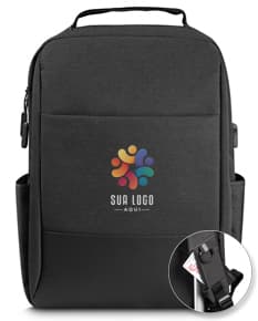 Mochila para notebook preta de couro, moderna e profissional. Equipada com compartimentos de armazenamento para equipamentos eletrônicos e dinheiro. Perfeita para viagens de negócios ou uso no escritório.
