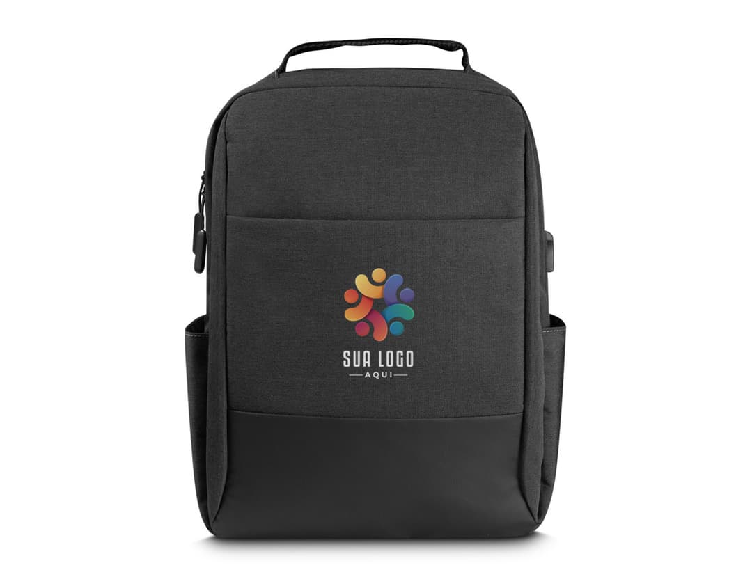 Mochila para notebook preta de couro, moderna e profissional. Equipada com compartimentos de armazenamento para equipamentos eletrônicos e dinheiro. Perfeita para viagens de negócios ou uso no escritório.