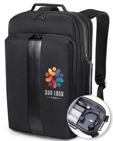 Mochila/Pasta Premium para notebook preta, feita de material moderno e resistente. Compartimento para equipamentos eletrônicos, como câmeras e lentes, além de espaço para guardar aparelhos eletrônicos e acessórios. Design profissional e elegante, ideal para viagens e uso diário.