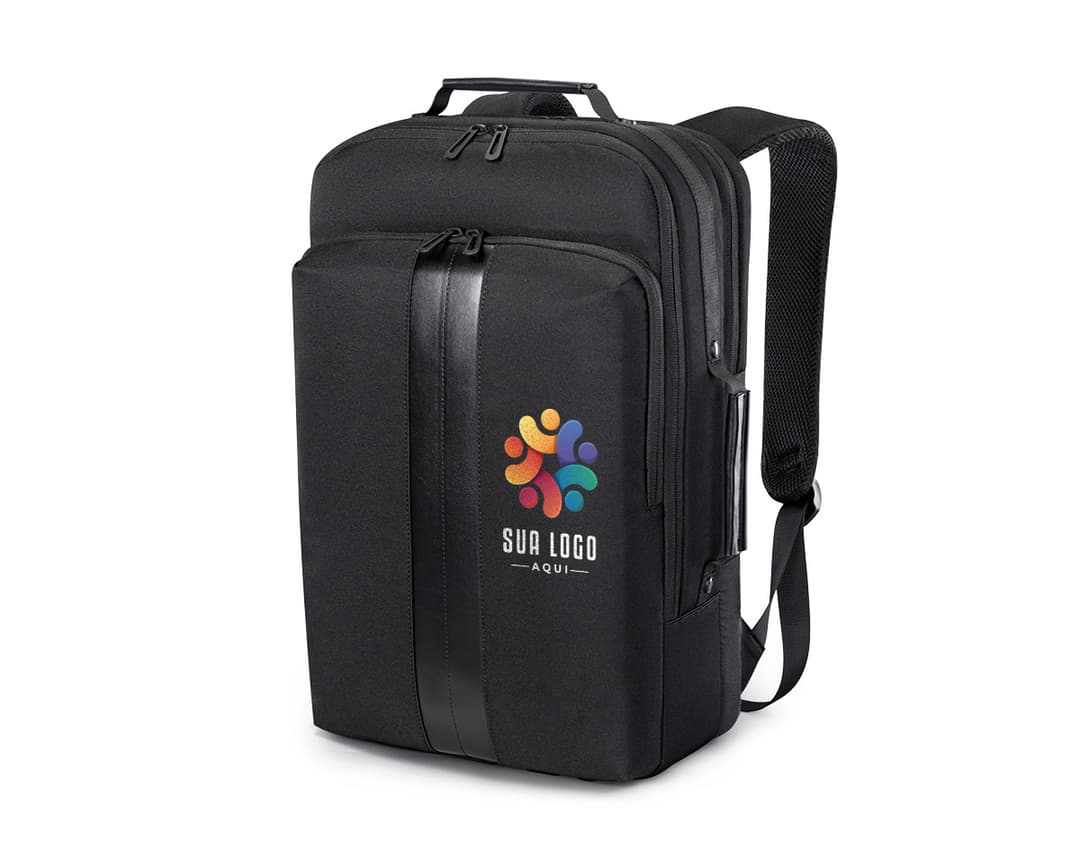 Mochila/Pasta Premium para notebook preta, feita de material moderno e resistente. Compartimento para equipamentos eletrônicos, como câmeras e lentes, além de espaço para guardar aparelhos eletrônicos e acessórios. Design profissional e elegante, ideal para viagens e uso diário.